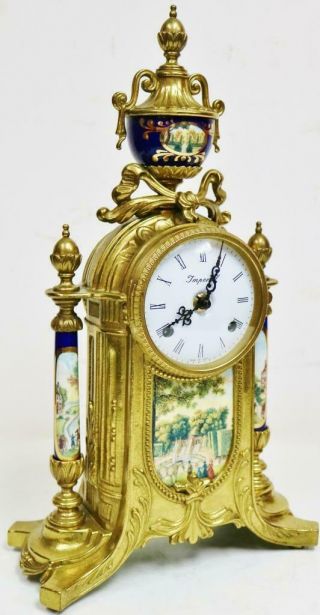Vintage Franz Hermle 8 Day Bronze & Blue Porcelain Panelled Mantel Clock Set 2
