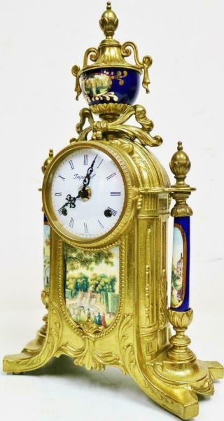 Vintage Franz Hermle 8 Day Bronze & Blue Porcelain Panelled Mantel Clock Set 3