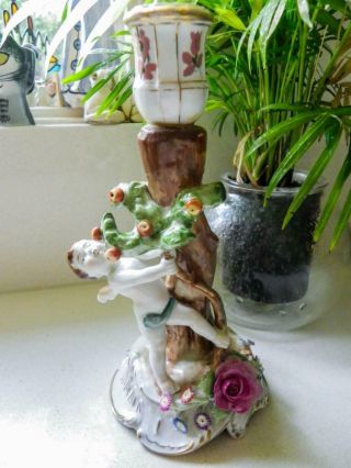 Antique Dresden German Figural Candlestick With Applied Floral Decoration C.  1817