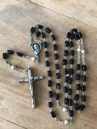 Vintage Silver Tone Black Beaded Dainty Rosary With Crucifix Italy Catholic