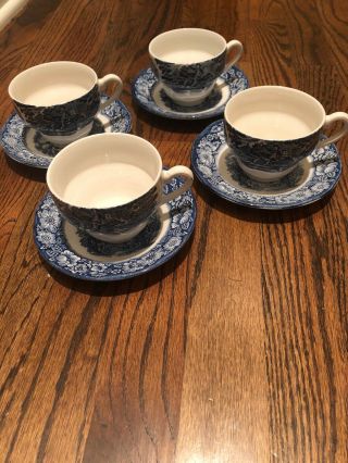 4 Vintage Liberty Blue Tea Cups And Saucers