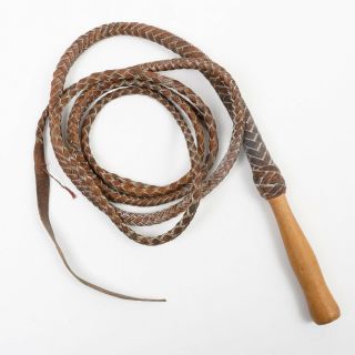 Vintage Western Cowboy Bull Whip Waxed Brown Braided Leather Wood Handle 13 Ft