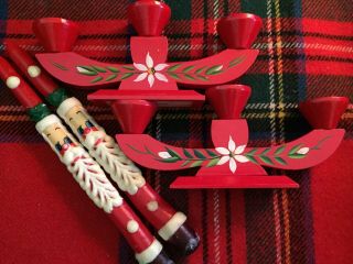2 Vintage Wooden Swedish Folk Art Candle Sticks/holders Hand Painted Plus Santa