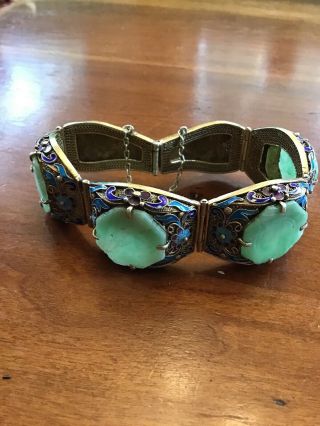 Vintage Chinese Export Silver Filigree Bracelet With Enamel And Jade (ite) Panel