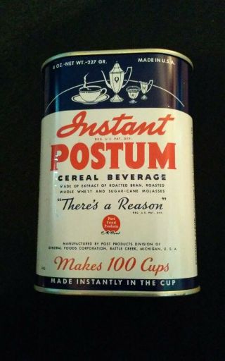 Vintage Instant Postum Cereal Drink Beverage Advertising 8 Oz Oval Tin Can