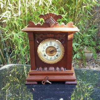 Antique Ansonia Clock 8 Day Carved Oak Gong Striking Mantel Clock