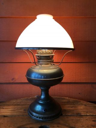 Brass Electrified Oil Hurricane Lamp With Milkglass Allegheny Waffle Shade