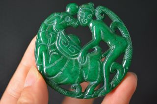Chinese Old Green Jade Carved Sexy Woman&beast Pendant Y78