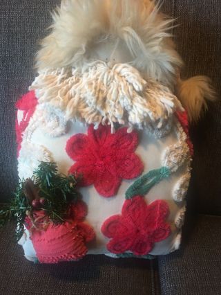 Vintage Chenille Santa Pillow,  Handcrafted,  Christmas