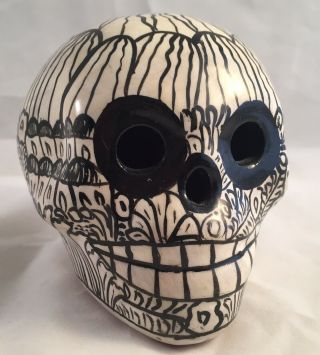Skull Day Of The Dead Ceramic Handpainted Small Black & White Glaze From Mexico
