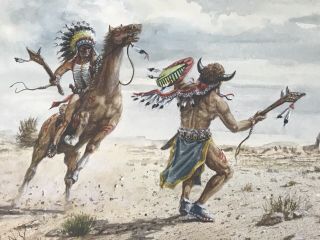 Vintage Tj Lowell Jr Landscape Native American Indian Watercolor Painting