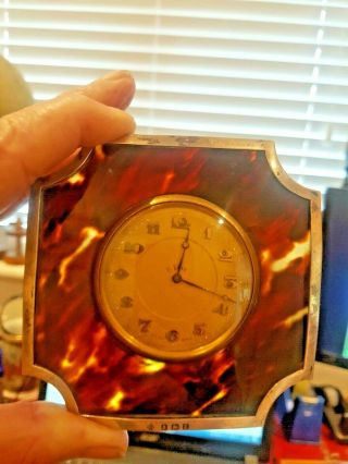 Vintage 1899 Swiss 8 Day Desk Clock Set In Tortoiseshell With Silver Mount