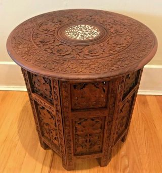 Vintage Anglo - Indian Hand Carved Wood W/ Top Inlaid Octagonal Folding Table 18”