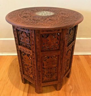 Vintage Anglo - Indian Hand Carved Wood w/ Top Inlaid Octagonal Folding Table 18” 2
