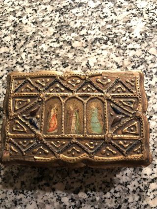 Small Antique Carved Gilt Wood Trinket Box With Panels Featuring Painted Angels