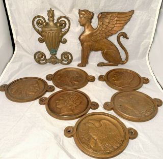 Rare Set Of 8 Antique Brass Slot Machine Stand Plaques Griffin,  Coins,  Urn