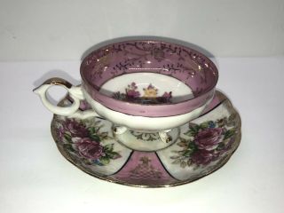 Royal Halsey 3 Footed Tea Cup & Saucer China Pink W/ Pink Roses Gold Lusterware