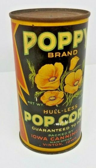 Vintage & Rare " Poppy " Unpopped Popcorn (pop Corn) Tin Can Great Graphics