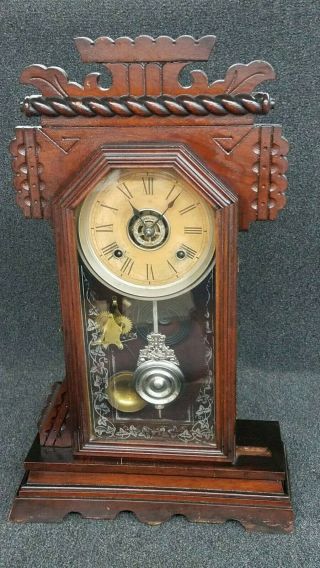 Antique Ansonia " Druid " Walnut Parlor Clock - 1885 Vintage - 8 Day - With Alarm