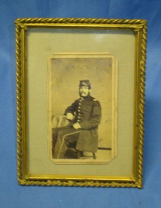 Antique Civil War Union Soldier Sitting Down Photo Brass Frame Cabinet Card