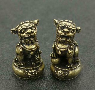 Chinese Old Pure Copper Hand - Made Pair Lion Good Luck Antique Statue /zb02