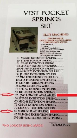 Vest Pocket Replacement Spring Kit Slot Machine Antique Slot