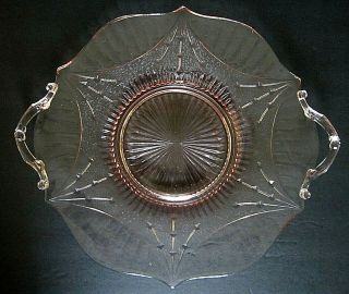 Vintage Lancaster Pink Depression Glass,  " Dart " Pattern Handled Cake Plate