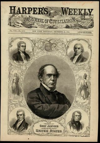Chief Justices Supreme Court Portraits 1864 Civil War Wood Engraved Print
