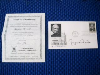 Margaret Thatcher Hand Signed Auto W/1965 Sir Winston Churchill Envelope &