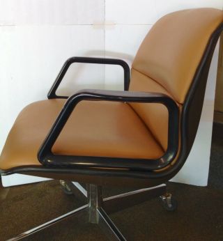 Vtg Mid Century Modern Tan Brown All·steel Tanker Swivel Rolling Desk Chair