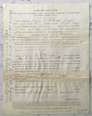 Civil War Document Certificate Of Discharge Wounded At Fort Donaldson 1862