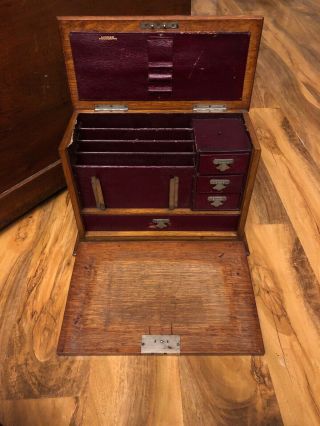 Golden Oak Stationary Box With 4 Drawers Compartments Vintage Desk Top Key
