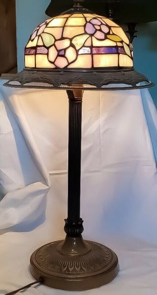 Vintage Tiffany Style Stained Glass Table Lamp 22” Helmet Shape Metal Rim Shade