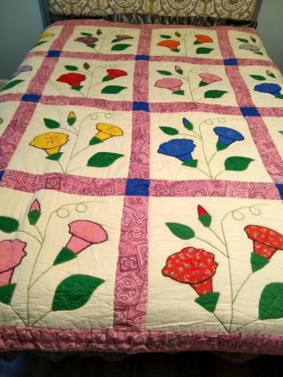 Vintage Hand Quilted AppliquÉ Quilt Bright Flowers W/ Pink Borders 86 X 88 "