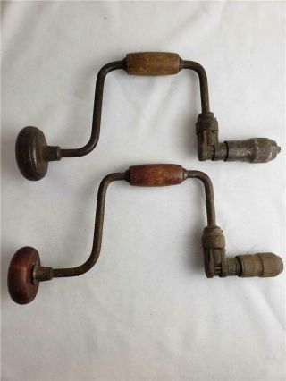 = Set Of 2 Vintage Hand Crank Metal Drills With Wooden Handles 14 " Length