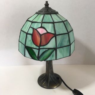 Tiffa - Mini Vintage Green Tulip Flower Stained Glass Lamp Antique 11 " Tall
