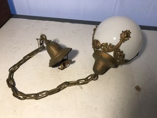Vintage 44 " Hanging Lamp Brass And 8 " Milkglass Ball With Cast Brass Embelishment