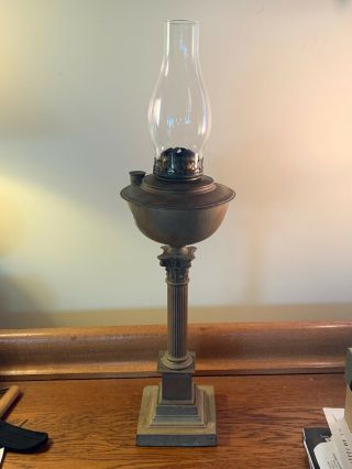 Antique Vintage Corinthian Column Brass Parlor Oil Lamp W/ Hurricane Chimney