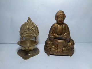 Outstanding Vintage Metal Asian Buddha Incense Burner & A Brass One As Well