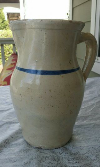 Vintage Primitive Blue Stripe Stoneware Pitcher Pottery Crock Primitive