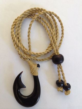 Hawaiian Fishhook Necklace Carved From Buffalo Horn 2 " Tall.  With Adjustable Cord