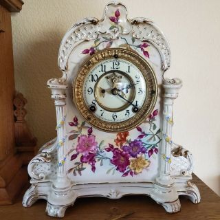 Antique 1881 Ansonia Victorian Royal Bonn Porcelain Ceramic Mantel Clock Running