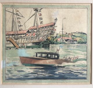 Edward A.  Wilson Color Motorboat Watercolor Illustration Art 1943 Nr