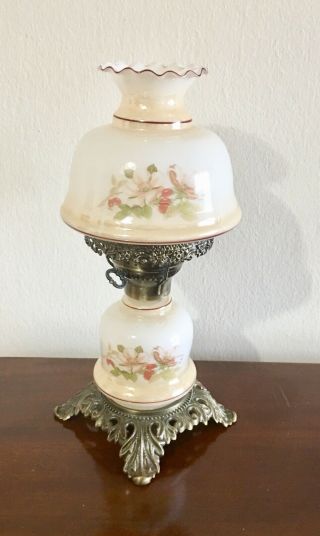 Vintage Tint Glass Hurricane Table Lamp Floral Design 14 "