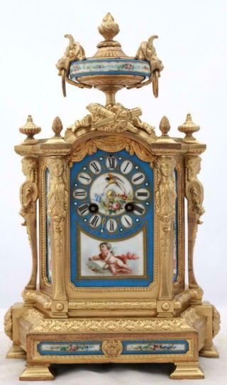 Antique Mantle Clock French Stunning Sevres & Gilt Metal 8 Day Bell Striking