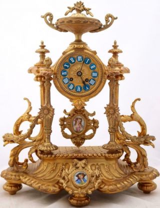 Antique Mantle Clock Gilt Metal & Hand Painted Porcelain 8day Striking