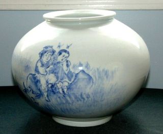 Antique Asian Large White Vase W/blue Hand Painted Boy & Girl Cow/bull Signed