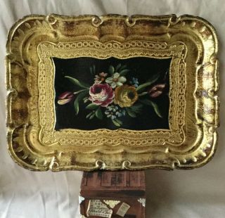 Vintage Florentine Tole Hand Painted Roses Flowers Gold Gilt Wooden Tray Italy