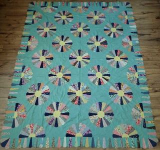 With Green Vintage 1930 Dresden Plate Quilt Top Ice Cream Brdr 92x71 "