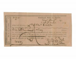 1864 Civil War Confederate $1,  000 Bond Payment Receipt